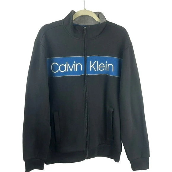 Calvin Klein Soft Touch Fleece Zip Up Jacket Men Large Front Logo Pockets Black - Picture 1 of 5